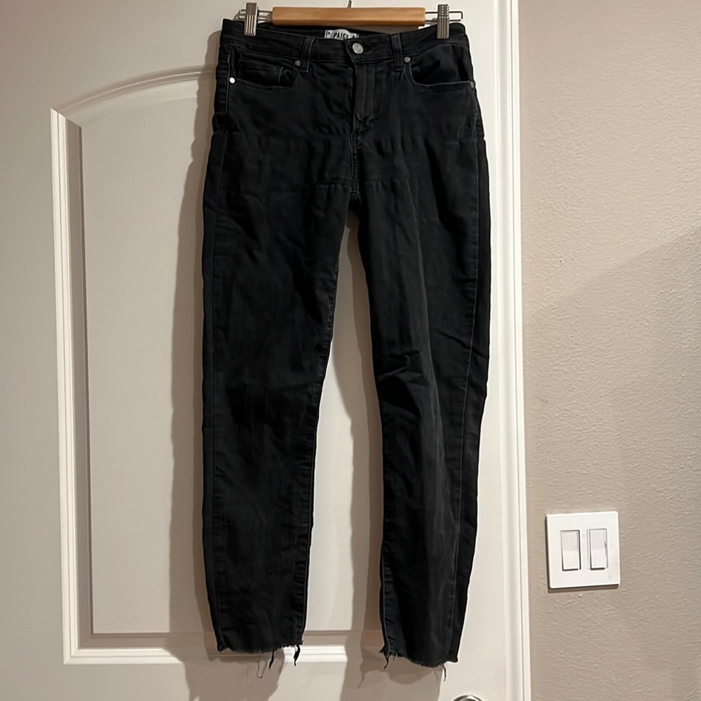 Paige denim. Gray, skinny cut with raw hem. Size 28.